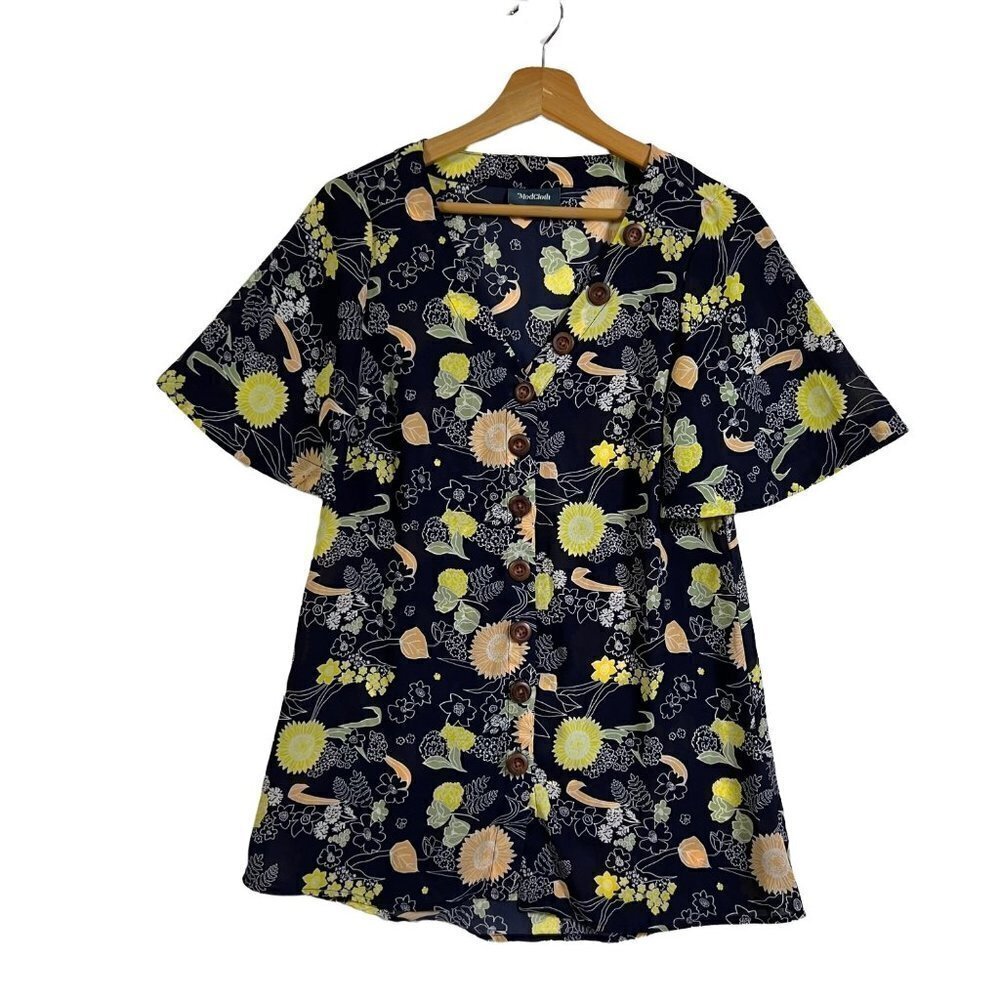 MODCLOTH Floral Top Short Sleeve Dark Blue Yellow Button Front size Medium